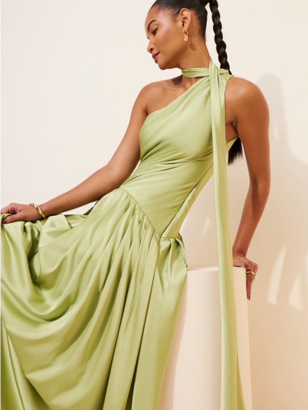 BHLDN One-Shoulder Satin Maxi Dress in Lime Green